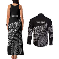 Aotearoa Personalized Lawn Bowls Maori Couples Matching Tank Maxi Dress and Long Sleeve Button Shirt New Zealand Black Tribal Silver Fern - Polynesian Pride