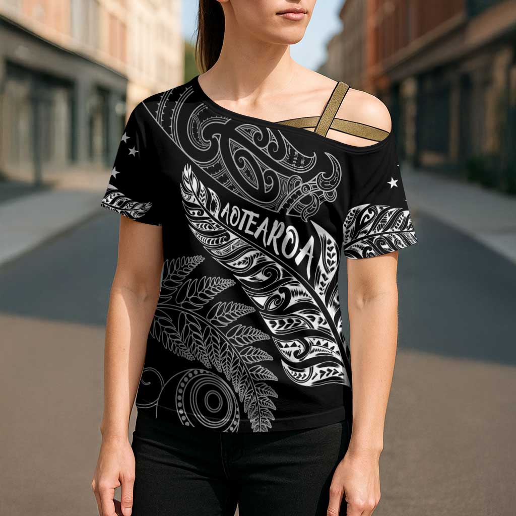 Aotearoa Personalized Lawn Bowls Maori Cross Shoulder Shirt New Zealand Black Tribal Silver Fern - Polynesian Pride