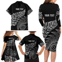 Aotearoa Personalized Lawn Bowls Maori Family Matching Long Sleeve Bodycon Dress and Hawaiian Shirt New Zealand Black Tribal Silver Fern - Polynesian Pride