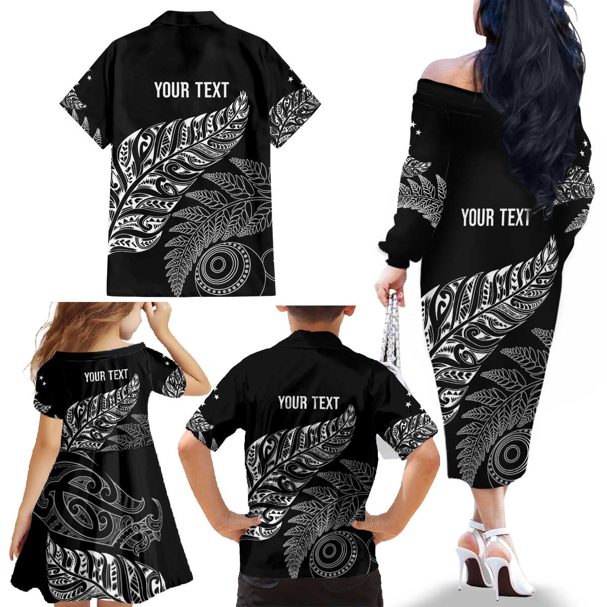 Aotearoa Personalized Lawn Bowls Maori Family Matching Off The Shoulder Long Sleeve Dress and Hawaiian Shirt New Zealand Black Tribal Silver Fern - Polynesian Pride