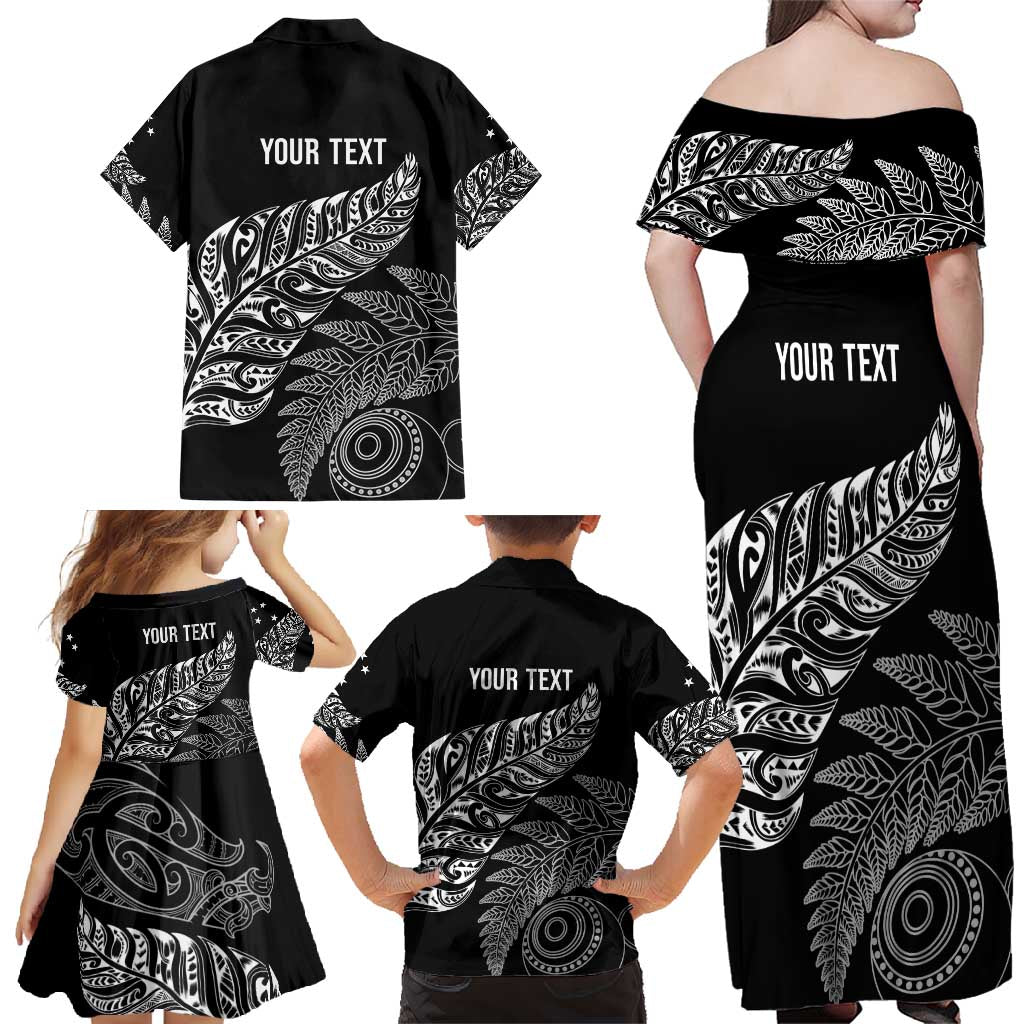 Aotearoa Personalized Lawn Bowls Maori Family Matching Off Shoulder Maxi Dress and Hawaiian Shirt New Zealand Black Tribal Silver Fern - Polynesian Pride