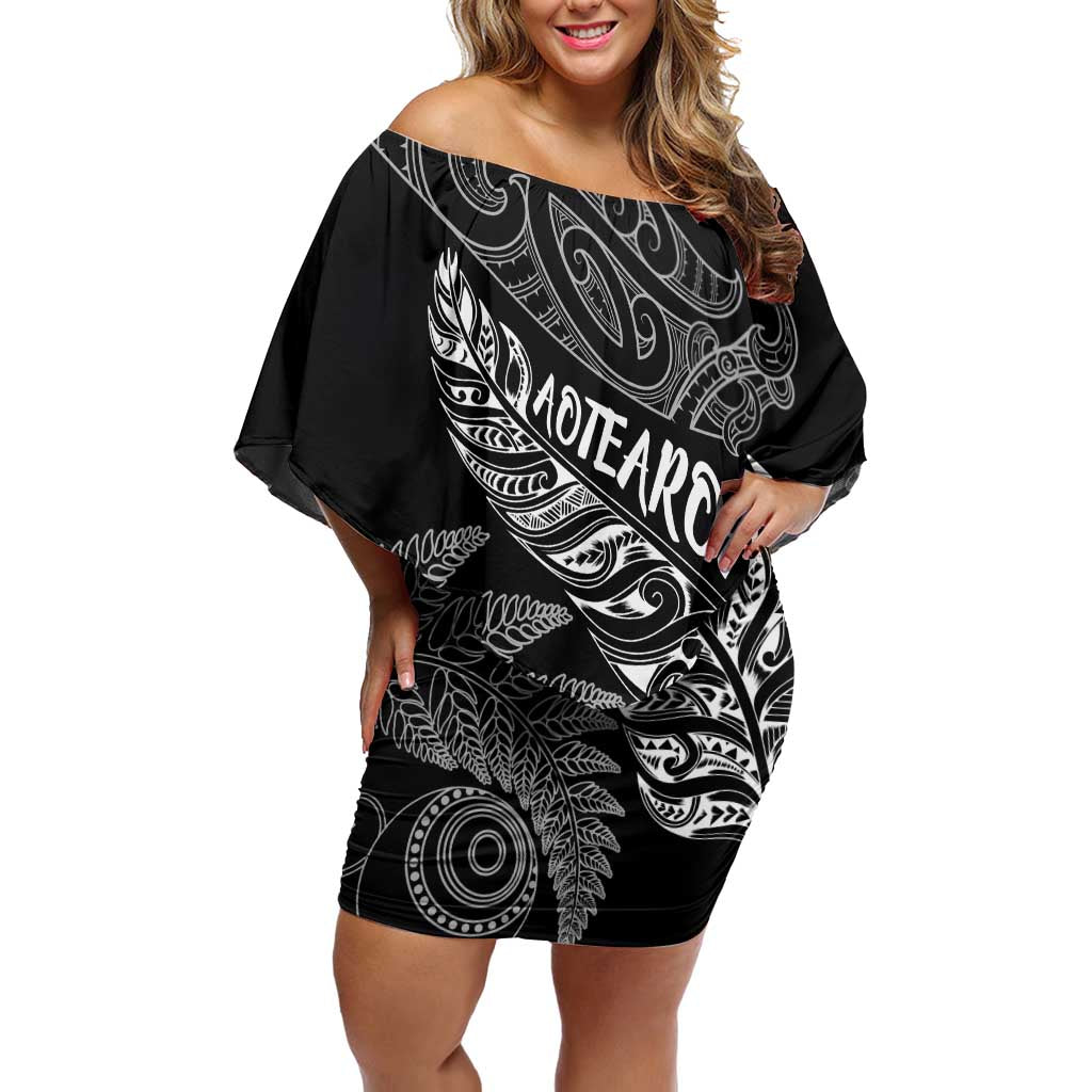 Aotearoa Personalized Lawn Bowls Maori Family Matching Off Shoulder Short Dress and Hawaiian Shirt New Zealand Black Tribal Silver Fern - Polynesian Pride