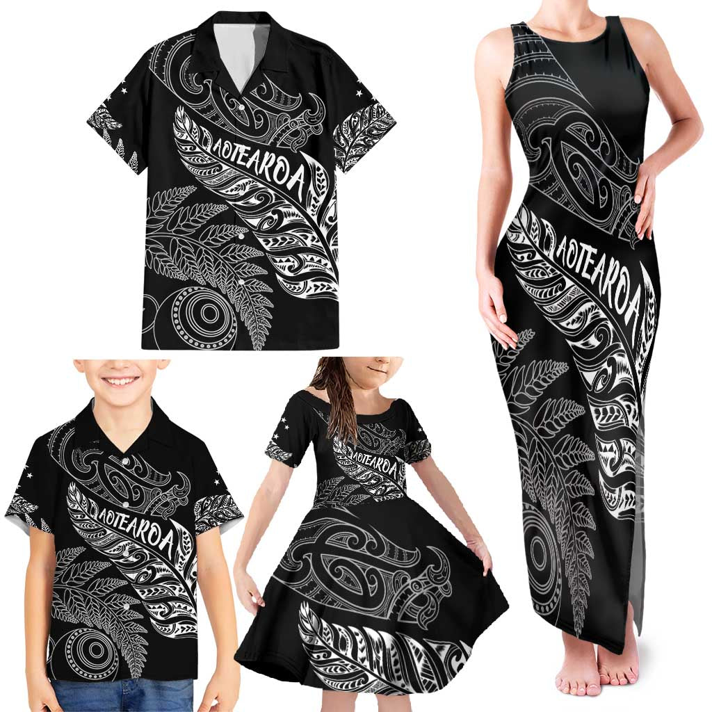 Aotearoa Personalized Lawn Bowls Maori Family Matching Tank Maxi Dress and Hawaiian Shirt New Zealand Black Tribal Silver Fern - Polynesian Pride