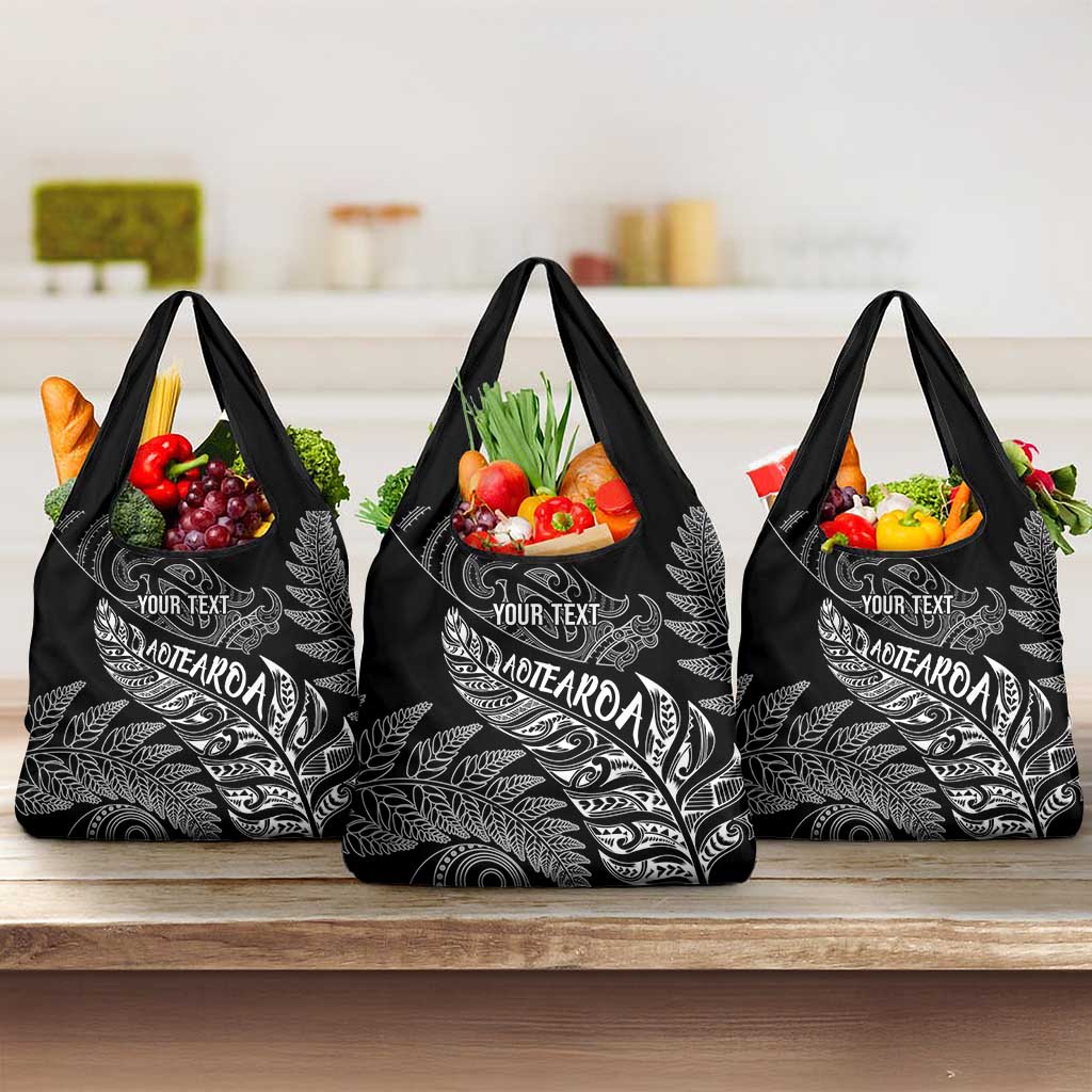 Aotearoa Personalized Lawn Bowls Maori Grocery Bag New Zealand Black Tribal Silver Fern - undefined