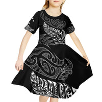 Aotearoa Personalized Lawn Bowls Maori Kid Short Sleeve Dress New Zealand Black Tribal Silver Fern - Polynesian Pride