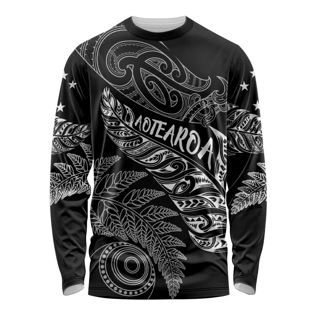 Aotearoa Personalized Lawn Bowls Maori Long Sleeve Shirt New Zealand Black Tribal Silver Fern - Polynesian Pride