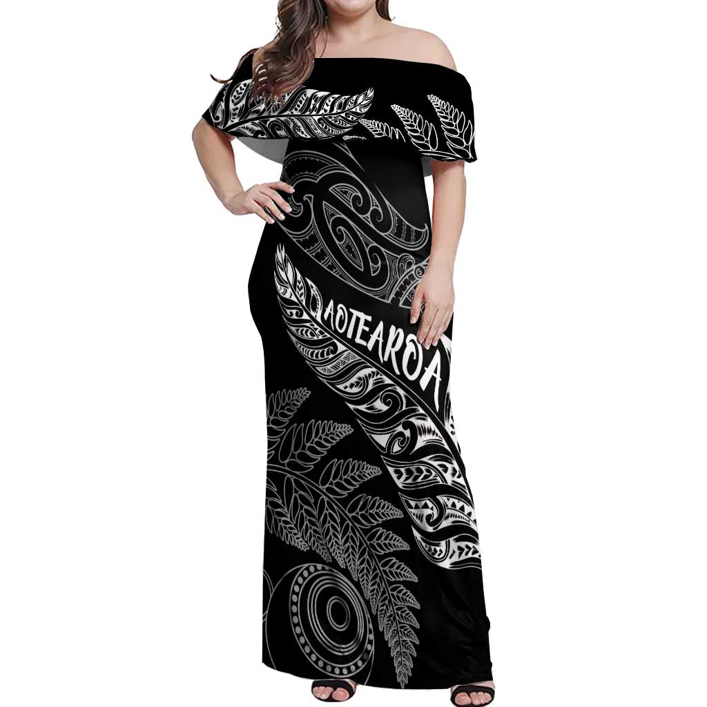 Aotearoa Personalized Lawn Bowls Maori Off Shoulder Maxi Dress New Zealand Black Tribal Silver Fern - Polynesian Pride