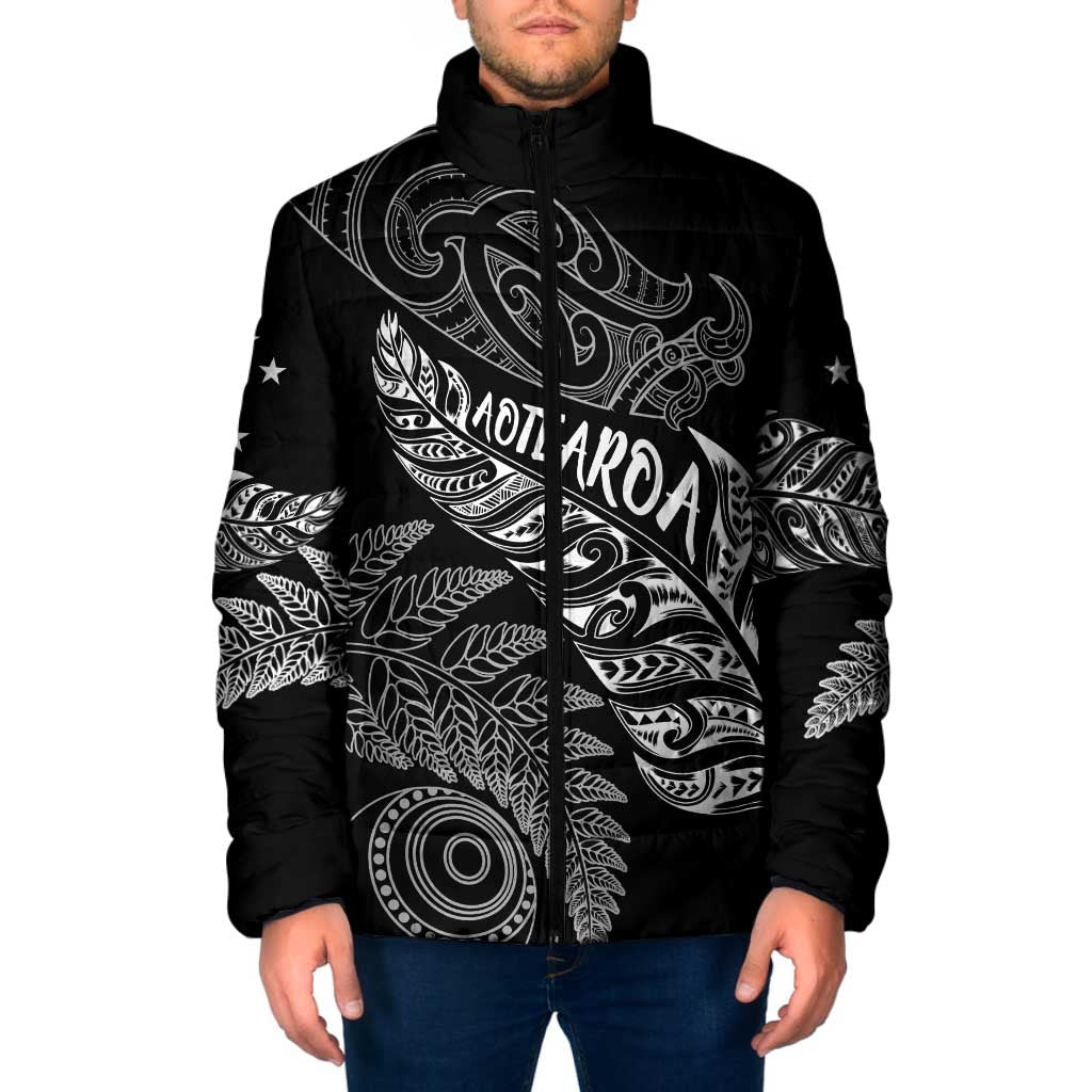 Aotearoa Personalized Lawn Bowls Maori Padded Jacket New Zealand Black Tribal Silver Fern - Polynesian Pride