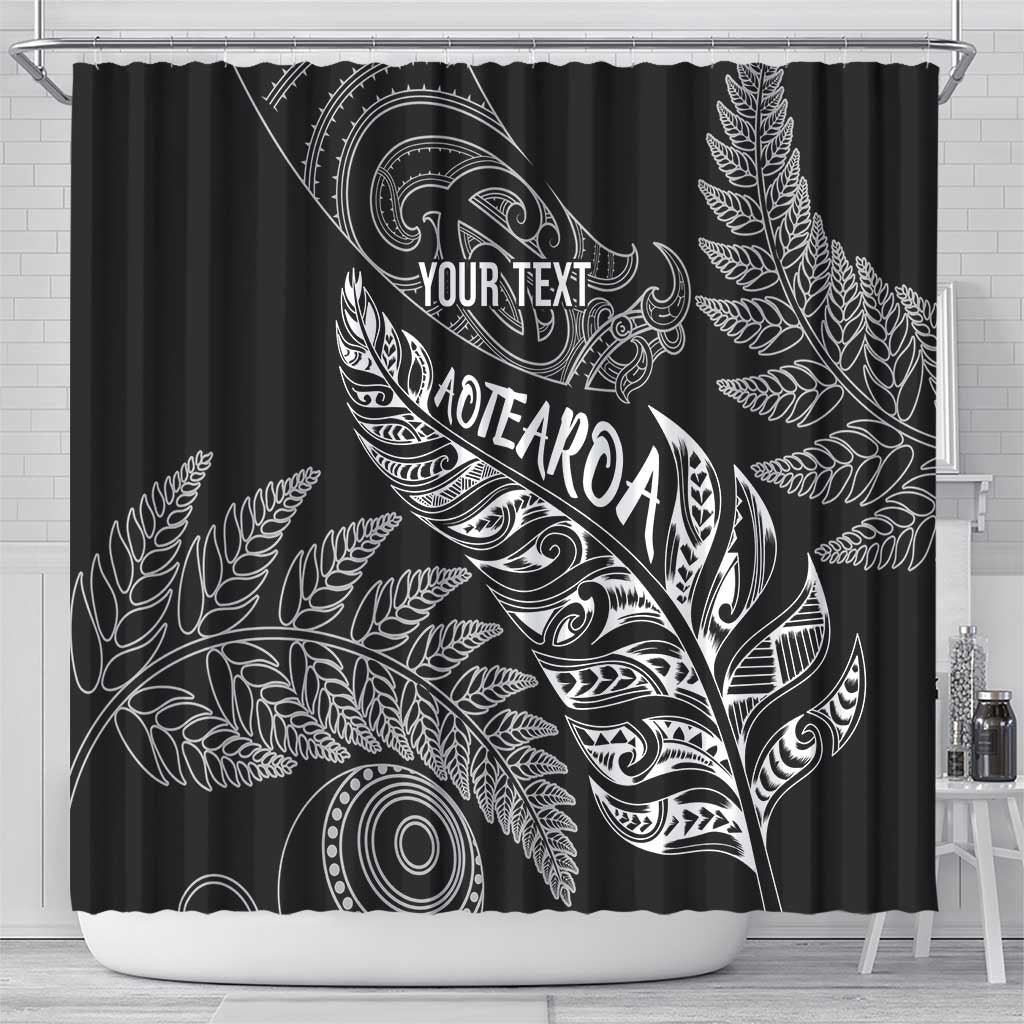 Aotearoa Personalized Lawn Bowls Maori Shower Curtain New Zealand Black Tribal Silver Fern - Polynesian Pride