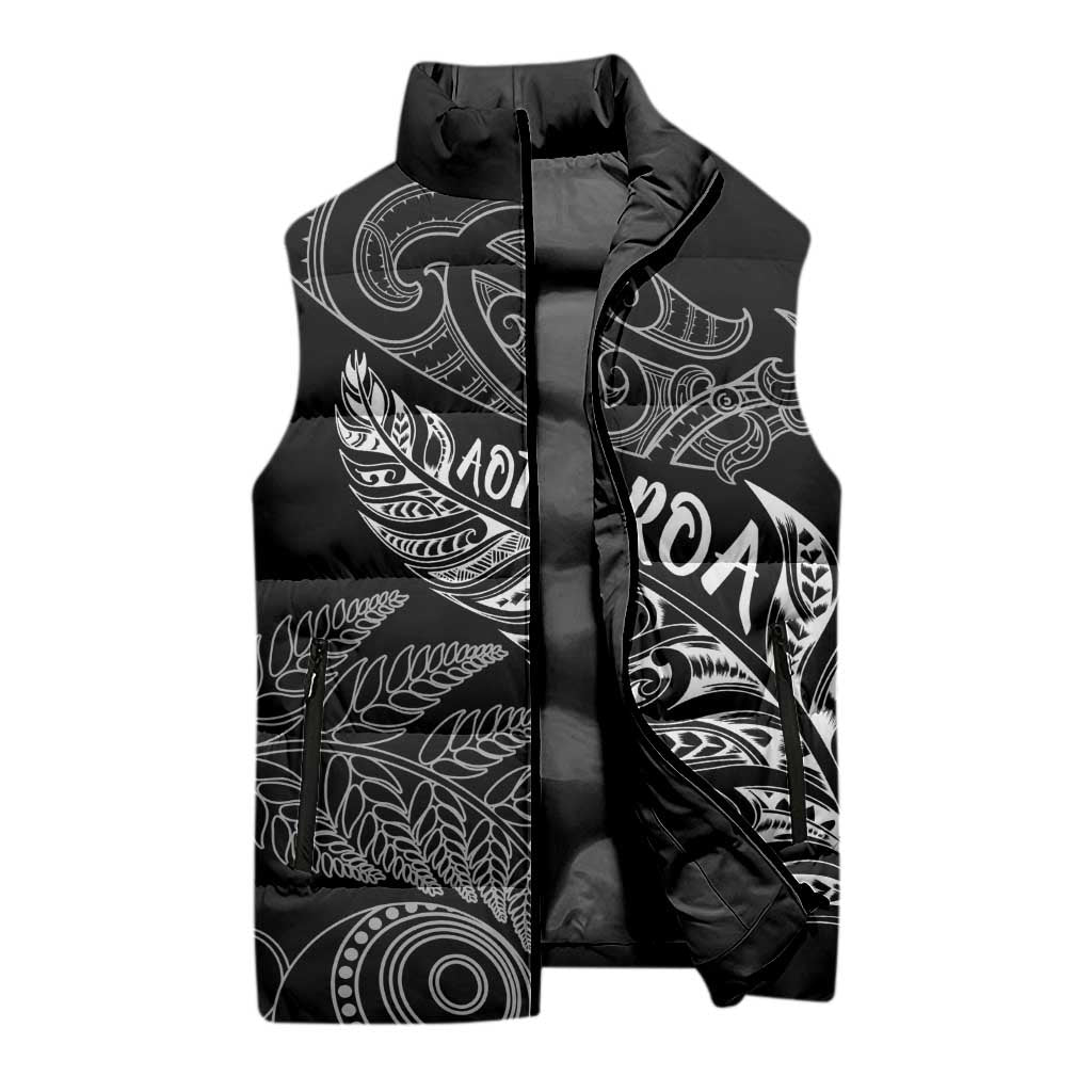 Aotearoa Personalized Lawn Bowls Maori Sleeveless Puffer Jacket New Zealand Black Tribal Silver Fern - Polynesian Pride