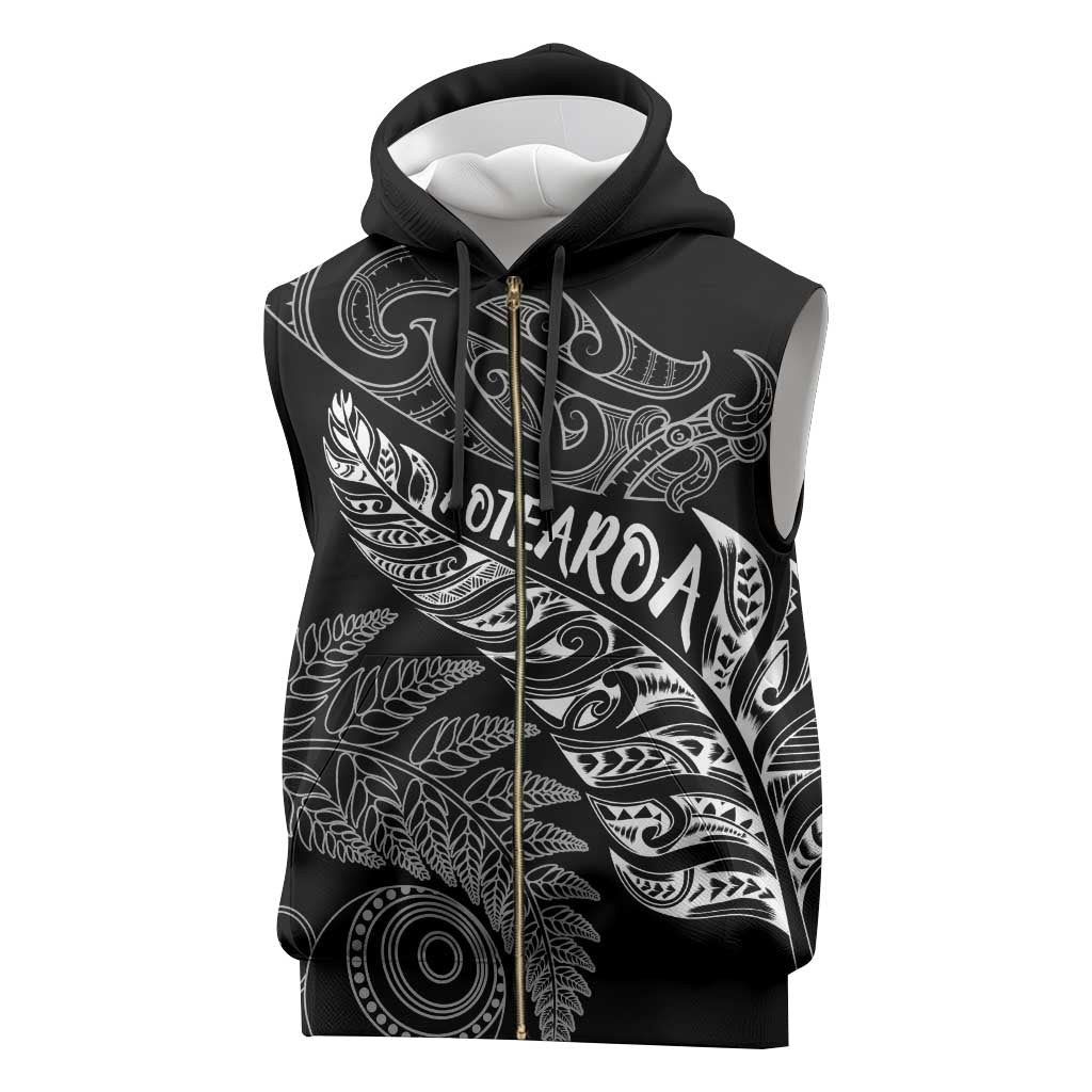 Aotearoa Personalized Lawn Bowls Maori Sleeveless Zip Hoodie New Zealand Black Tribal Silver Fern - Polynesian Pride