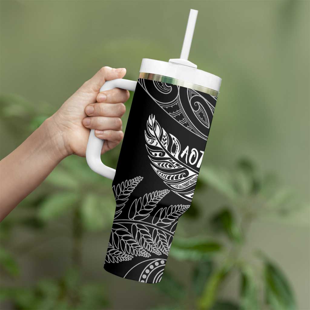 Aotearoa Personalized Lawn Bowls Maori Tumbler With Handle New Zealand Black Tribal Silver Fern - Polynesian Pride