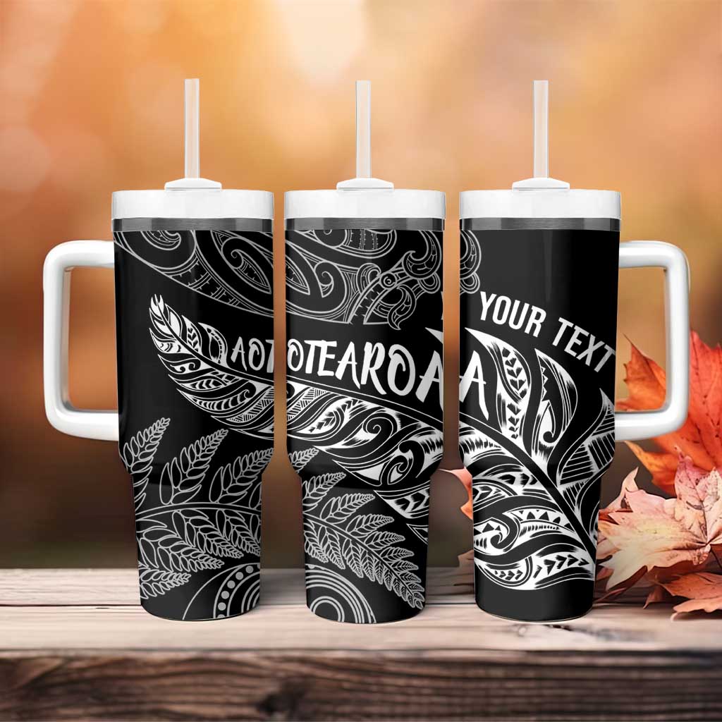 Aotearoa Personalized Lawn Bowls Maori Tumbler With Handle New Zealand Black Tribal Silver Fern - Polynesian Pride