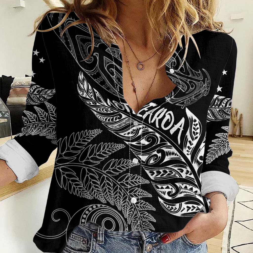 Aotearoa Personalized Lawn Bowls Maori Women Casual Shirt New Zealand Black Tribal Silver Fern - Polynesian Pride