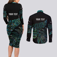 Aotearoa Personalized Lawn Bowls Maori Couples Matching Long Sleeve Bodycon Dress and Long Sleeve Button Shirt New Zealand Paua Shell Tribal Silver Fern - Polynesian Pride