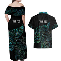 Aotearoa Personalized Lawn Bowls Maori Couples Matching Off Shoulder Maxi Dress and Hawaiian Shirt New Zealand Paua Shell Tribal Silver Fern - Polynesian Pride