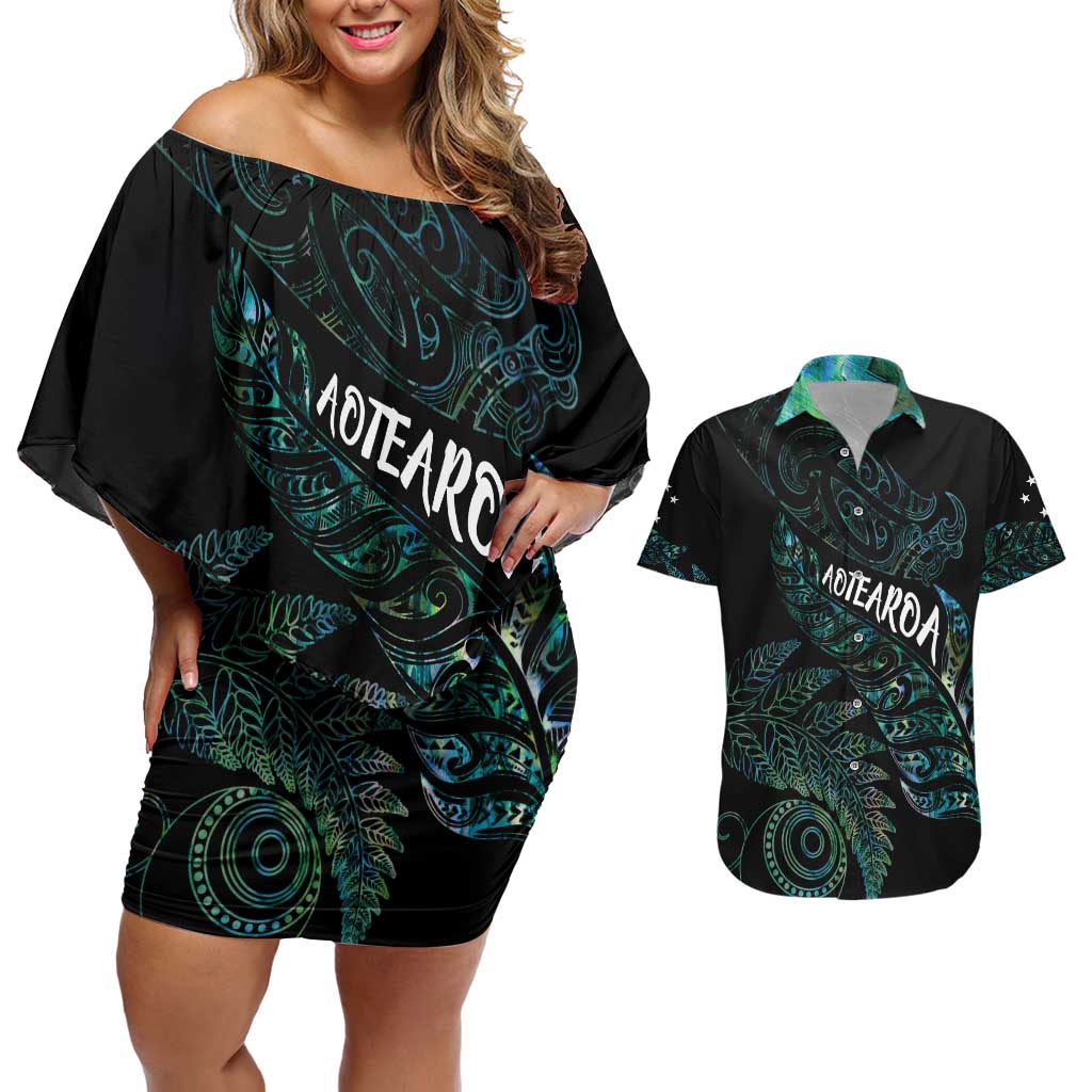 Aotearoa Personalized Lawn Bowls Maori Couples Matching Off Shoulder Short Dress and Hawaiian Shirt New Zealand Paua Shell Tribal Silver Fern - Polynesian Pride