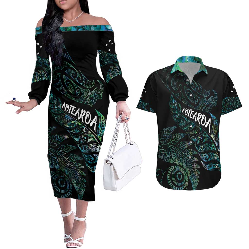 Aotearoa Personalized Lawn Bowls Maori Couples Matching Off The Shoulder Long Sleeve Dress and Hawaiian Shirt New Zealand Paua Shell Tribal Silver Fern - Polynesian Pride