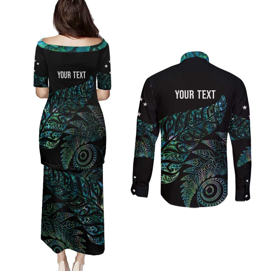 Aotearoa Personalized Lawn Bowls Maori Couples Matching Puletasi and Long Sleeve Button Shirt New Zealand Paua Shell Tribal Silver Fern - Polynesian Pride