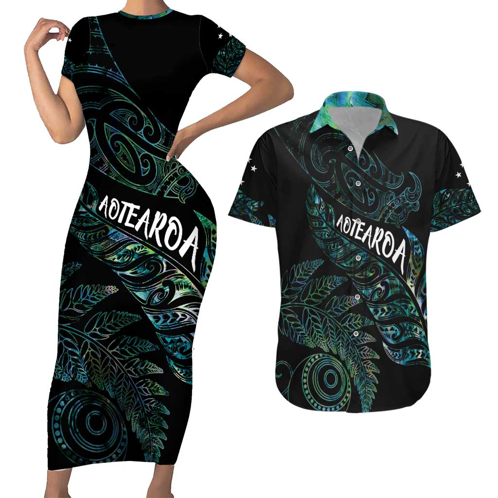 Aotearoa Personalized Lawn Bowls Maori Couples Matching Short Sleeve Bodycon Dress and Hawaiian Shirt New Zealand Paua Shell Tribal Silver Fern - Polynesian Pride