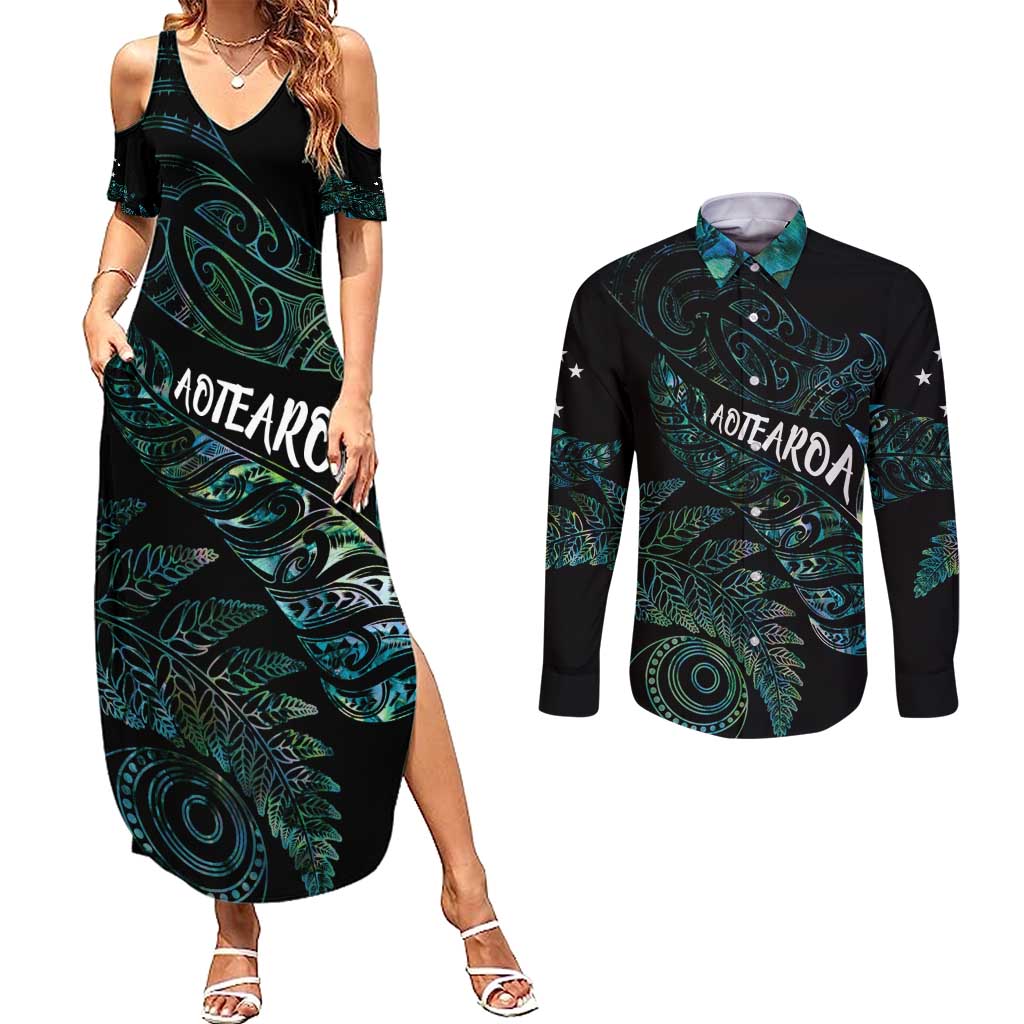 Aotearoa Personalized Lawn Bowls Maori Couples Matching Summer Maxi Dress and Long Sleeve Button Shirt New Zealand Paua Shell Tribal Silver Fern - Polynesian Pride