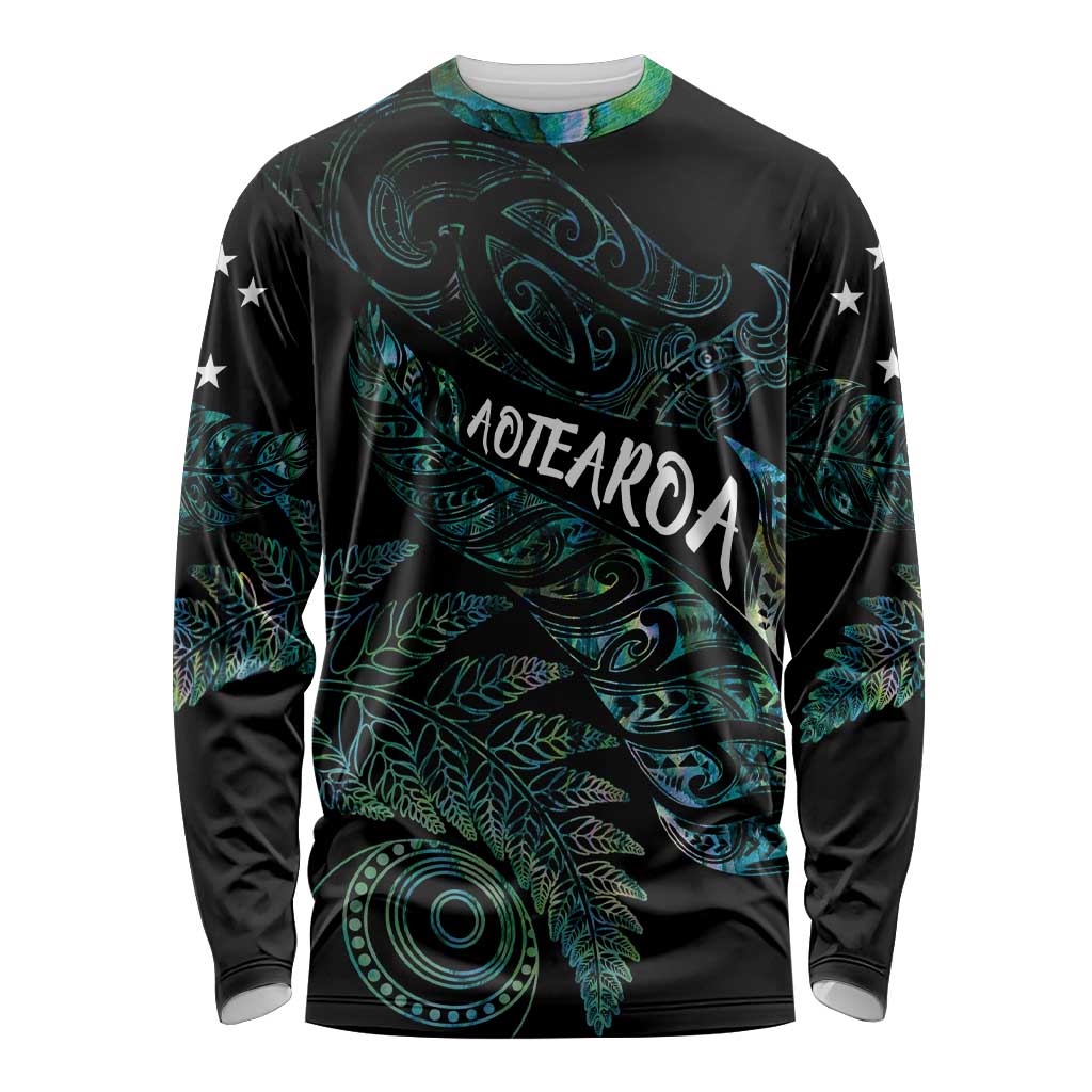 Aotearoa Personalized Lawn Bowls Maori Long Sleeve Shirt New Zealand Paua Shell Tribal Silver Fern - Polynesian Pride