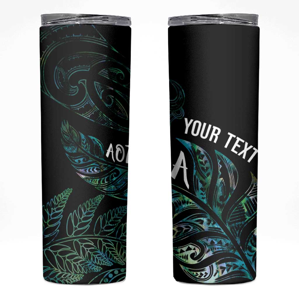 Aotearoa Personalized Lawn Bowls Maori Skinny Tumbler New Zealand Paua Shell Tribal Silver Fern - Polynesian Pride