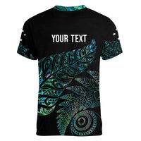 Aotearoa Personalized Lawn Bowls Maori Women V-Neck T-Shirt New Zealand Paua Shell Tribal Silver Fern - Polynesian Pride