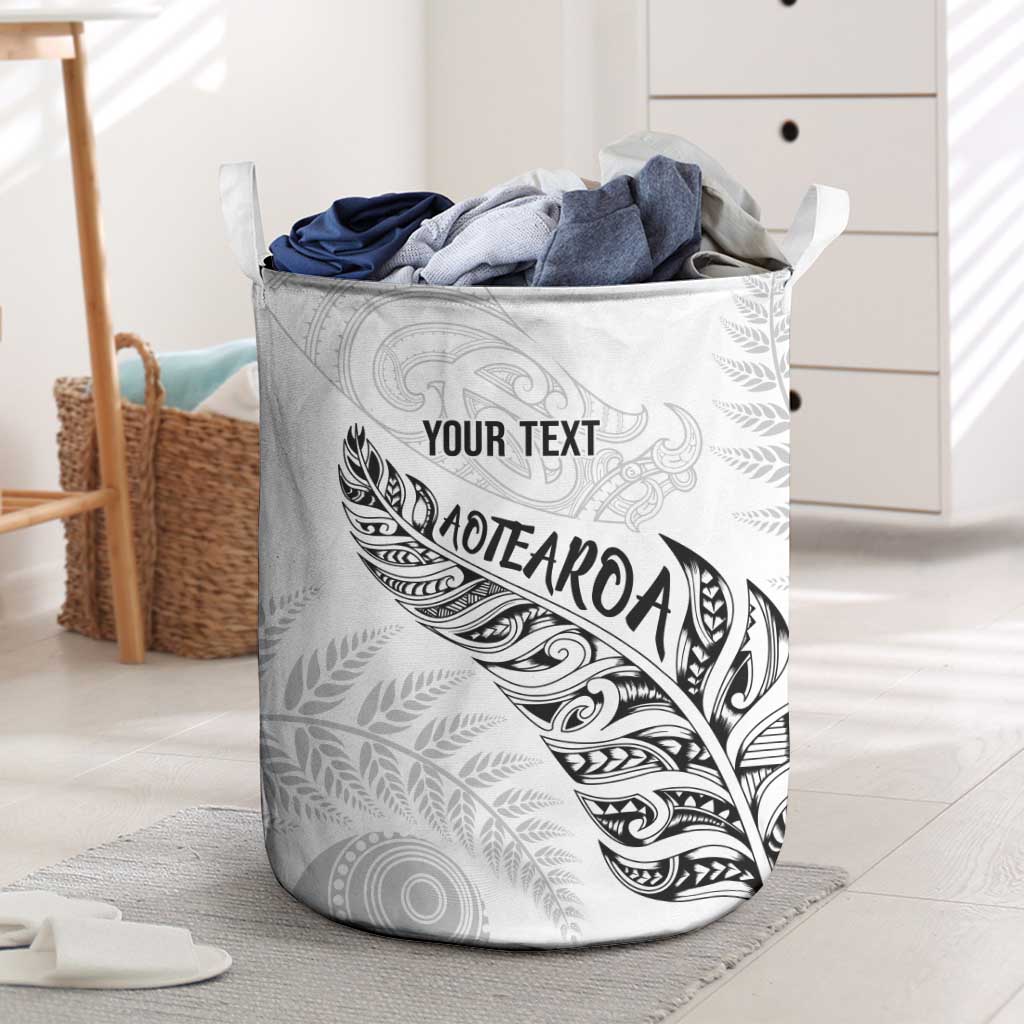 Aotearoa Personalized Lawn Bowls Maori Laundry Basket New Zealand White Tribal Silver Fern - Polynesian Pride