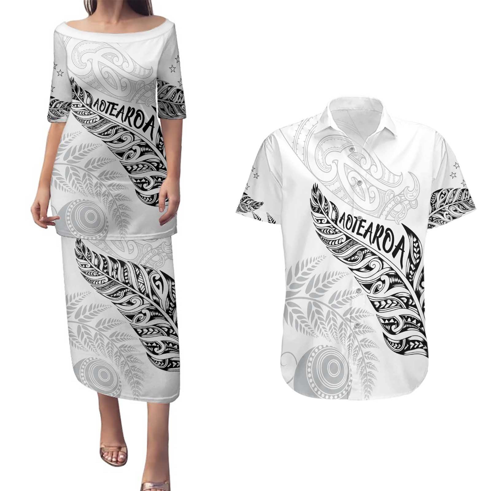 Aotearoa Personalized Lawn Bowls Maori Couples Matching Puletasi and Hawaiian Shirt New Zealand White Tribal Silver Fern - Polynesian Pride