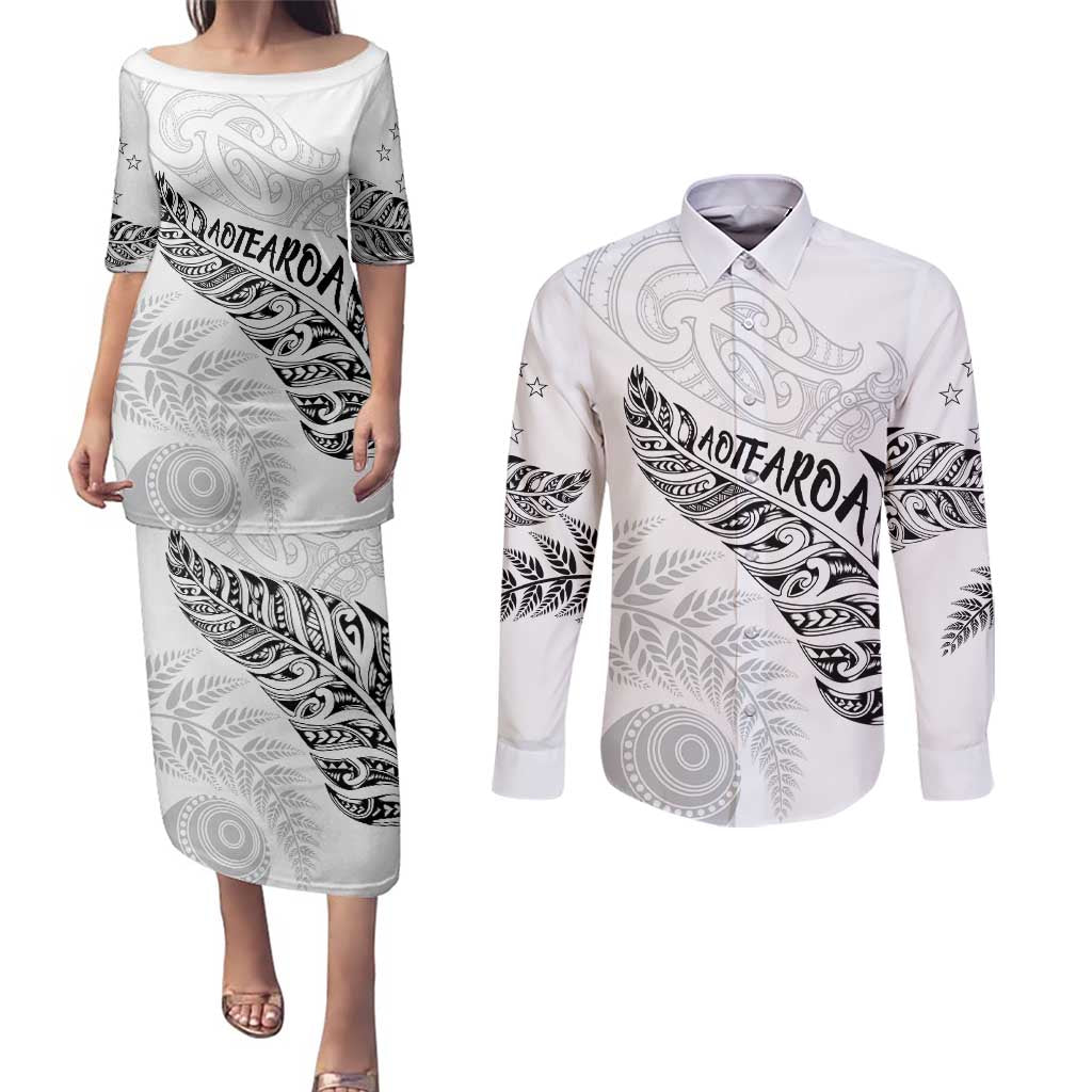 Aotearoa Personalized Lawn Bowls Maori Couples Matching Puletasi and Long Sleeve Button Shirt New Zealand White Tribal Silver Fern - Polynesian Pride