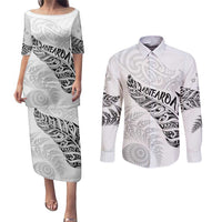Aotearoa Personalized Lawn Bowls Maori Couples Matching Puletasi and Long Sleeve Button Shirt New Zealand White Tribal Silver Fern - Polynesian Pride