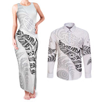 Aotearoa Personalized Lawn Bowls Maori Couples Matching Tank Maxi Dress and Long Sleeve Button Shirt New Zealand White Tribal Silver Fern - Polynesian Pride