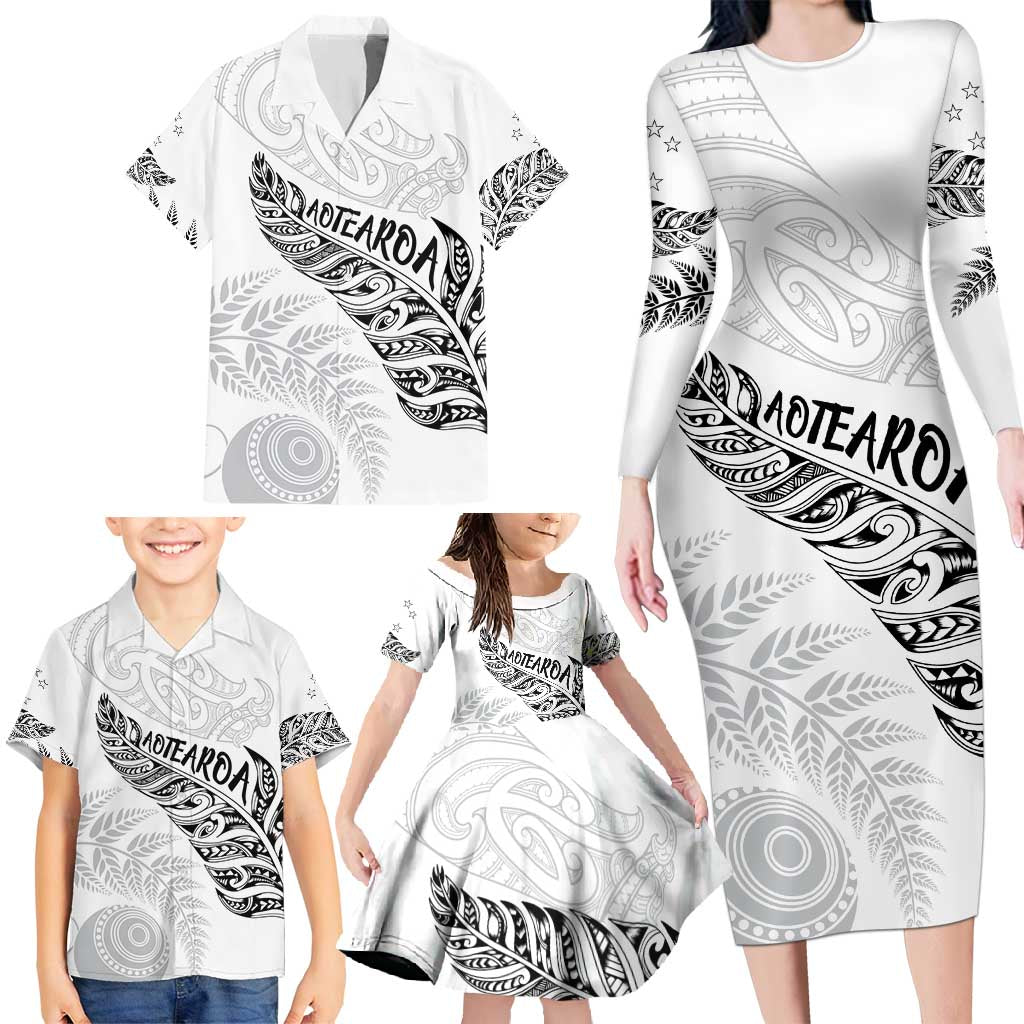 Aotearoa Personalized Lawn Bowls Maori Family Matching Long Sleeve Bodycon Dress and Hawaiian Shirt New Zealand White Tribal Silver Fern - Polynesian Pride