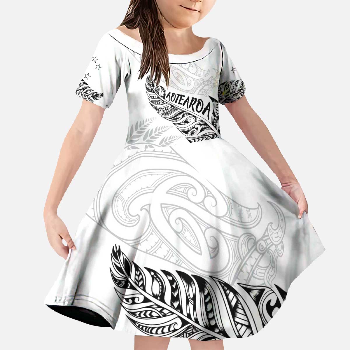 Aotearoa Personalized Lawn Bowls Maori Family Matching Off The Shoulder Long Sleeve Dress and Hawaiian Shirt New Zealand White Tribal Silver Fern - Polynesian Pride
