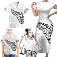 Aotearoa Personalized Lawn Bowls Maori Family Matching Short Sleeve Bodycon Dress and Hawaiian Shirt New Zealand White Tribal Silver Fern - Polynesian Pride