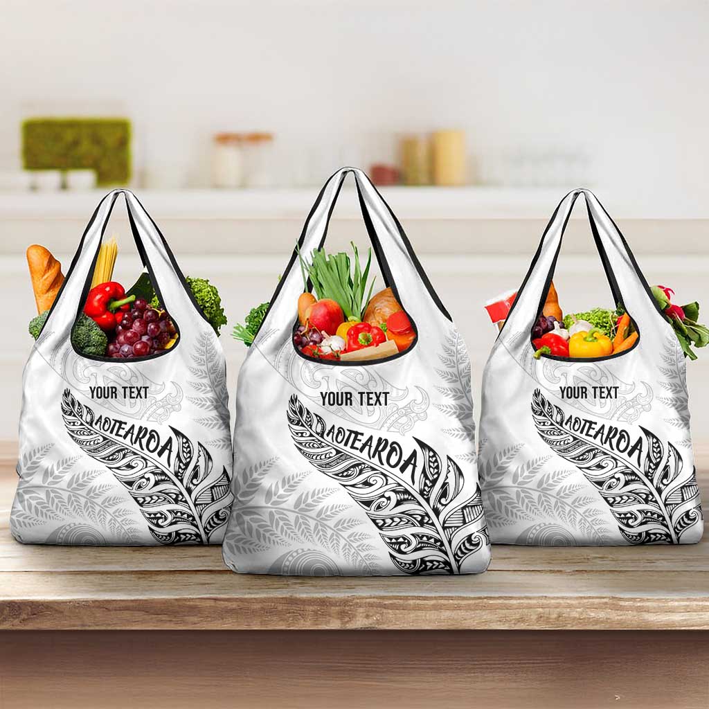 Aotearoa Personalized Lawn Bowls Maori Grocery Bag New Zealand White Tribal Silver Fern - Polynesian Pride