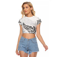 Aotearoa Personalized Lawn Bowls Maori Raglan Cropped T Shirt New Zealand White Tribal Silver Fern - Polynesian Pride