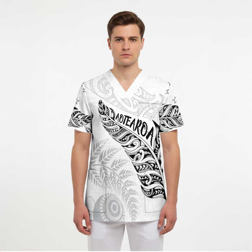 Aotearoa Personalized Lawn Bowls Maori Scrub Top New Zealand White Tribal Silver Fern - Polynesian Pride