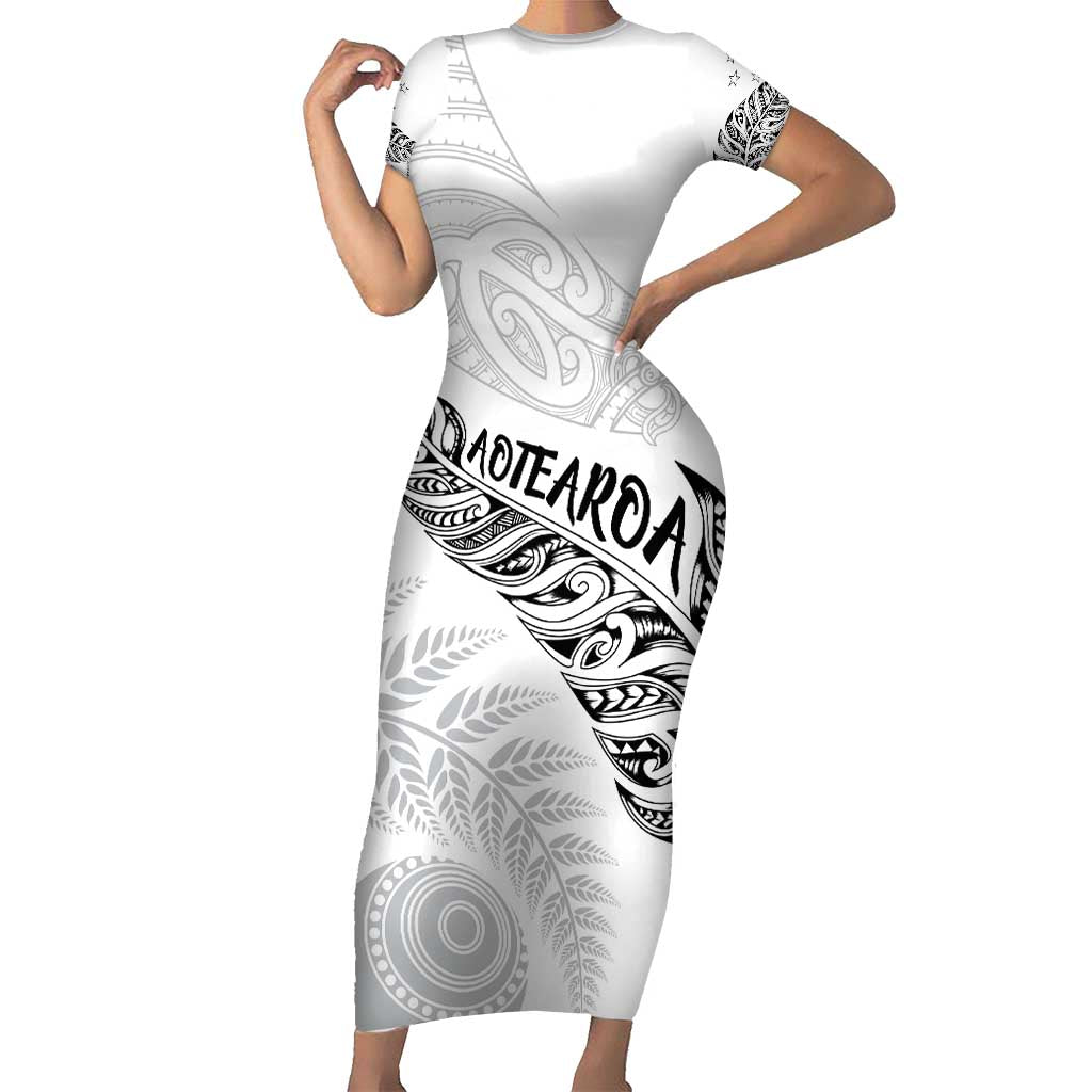 Aotearoa Personalized Lawn Bowls Maori Short Sleeve Bodycon Dress New Zealand White Tribal Silver Fern - Polynesian Pride