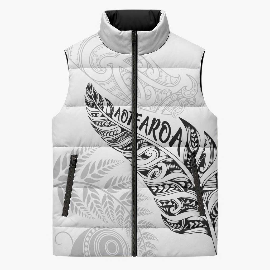 Aotearoa Personalized Lawn Bowls Maori Sleeveless Puffer Jacket New Zealand White Tribal Silver Fern - Polynesian Pride