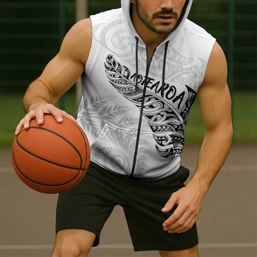 Aotearoa Personalized Lawn Bowls Maori Sleeveless Zip Hoodie New Zealand White Tribal Silver Fern LT7