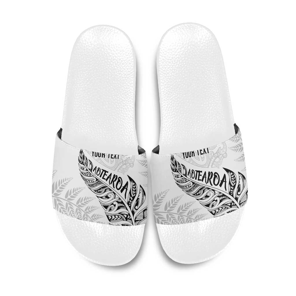 Aotearoa Personalized Lawn Bowls Maori Slide Sandals New Zealand White Tribal Silver Fern - Polynesian Pride