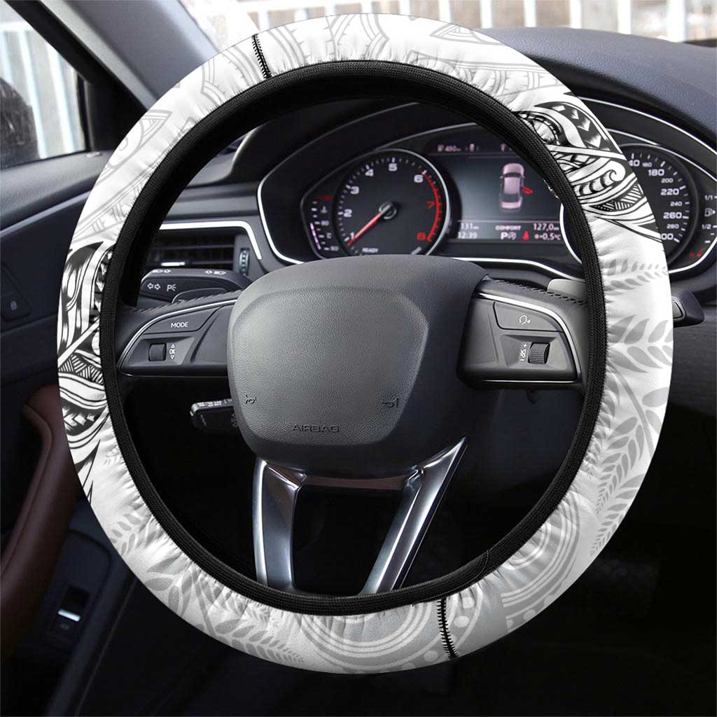 Aotearoa Lawn Bowls Maori Steering Wheel Cover New Zealand White Tribal Silver Fern - Polynesian Pride