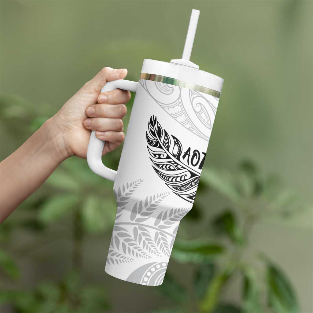 Aotearoa Personalized Lawn Bowls Maori Tumbler With Handle New Zealand White Tribal Silver Fern - Polynesian Pride