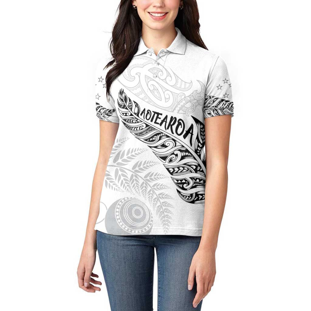 Aotearoa Personalized Lawn Bowls Maori Women Polo Shirt New Zealand White Tribal Silver Fern - Polynesian Pride