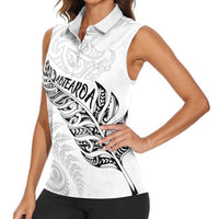Aotearoa Personalized Lawn Bowls Maori Women Sleeveless Polo Shirt New Zealand White Tribal Silver Fern - Polynesian Pride
