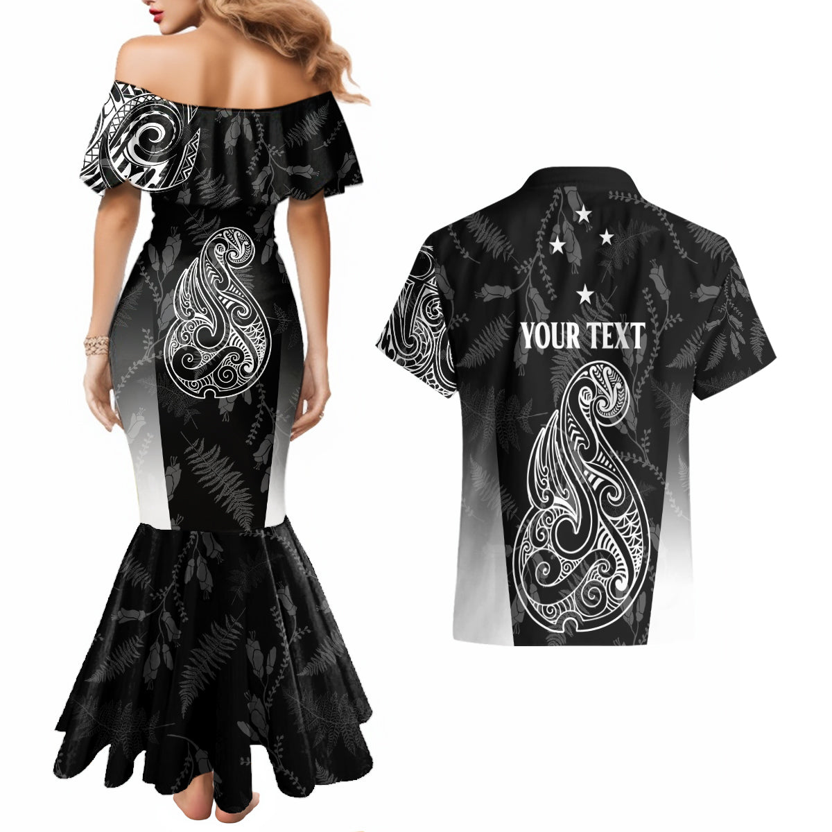 Personalised Maori Waitangi Couples Matching Mermaid Dress and Hawaiian Shirt New Zealand Silver Fern Mix Kowhai Flowers LT7 - Polynesian Pride
