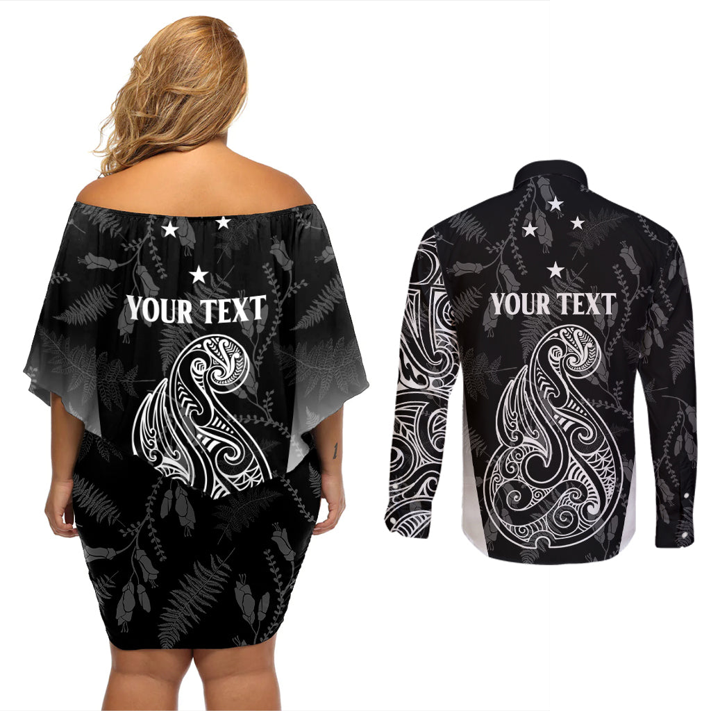 Personalised Maori Waitangi Couples Matching Off Shoulder Short Dress and Long Sleeve Button Shirt New Zealand Silver Fern Mix Kowhai Flowers LT7 - Polynesian Pride