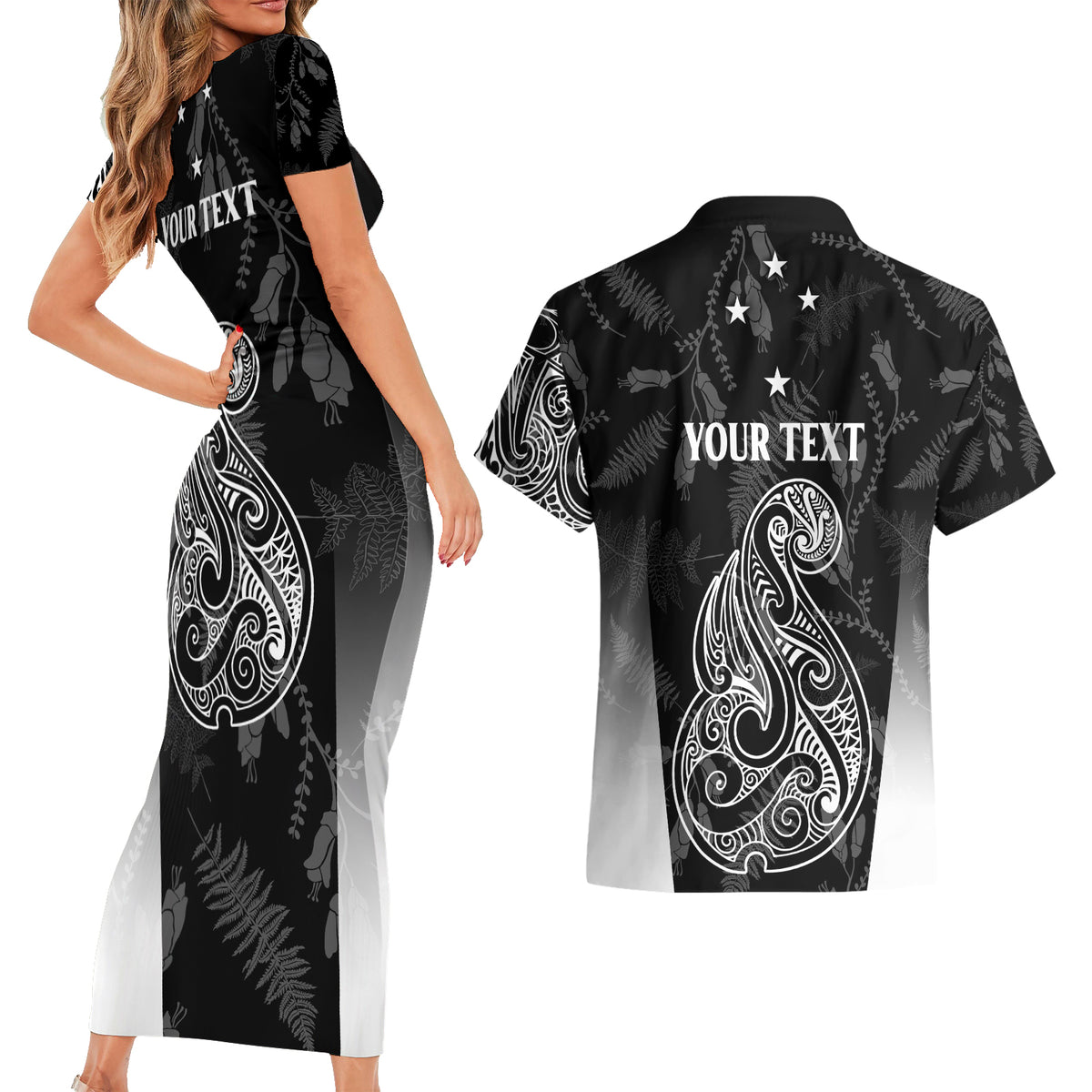Personalised Maori Waitangi Couples Matching Short Sleeve Bodycon Dress and Hawaiian Shirt New Zealand Silver Fern Mix Kowhai Flowers LT7 - Polynesian Pride